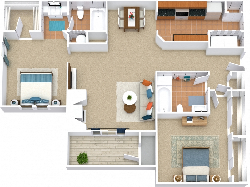 Floor plan for 2 beds, 2 baths, 1255 sqft